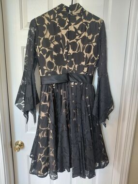 VINTAGE 1960s Black Floral Lace Midi Dress with Nude Underlay and Flared Sleeves